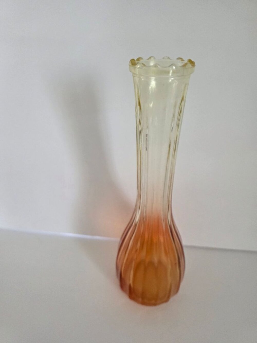 Vintage Jeanette Glass Bud Vase With Ribbed Ombre Design In Orange & Yellow